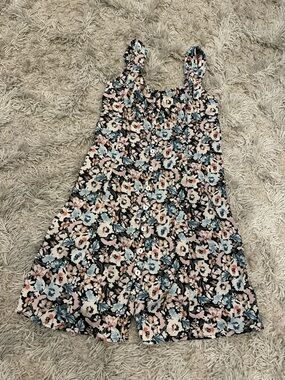 Girls Floral Button-Front Romper - Black, Pink & Blue